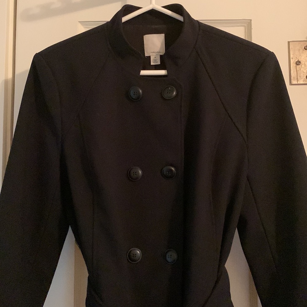 Halogen Jacket: Mandarin Collar, Button & Belt, Side pockets, Fully Lined, EUC